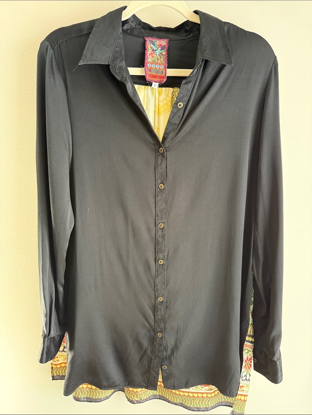 Johnny Was Black Button-Down Shirt with Printed Hem